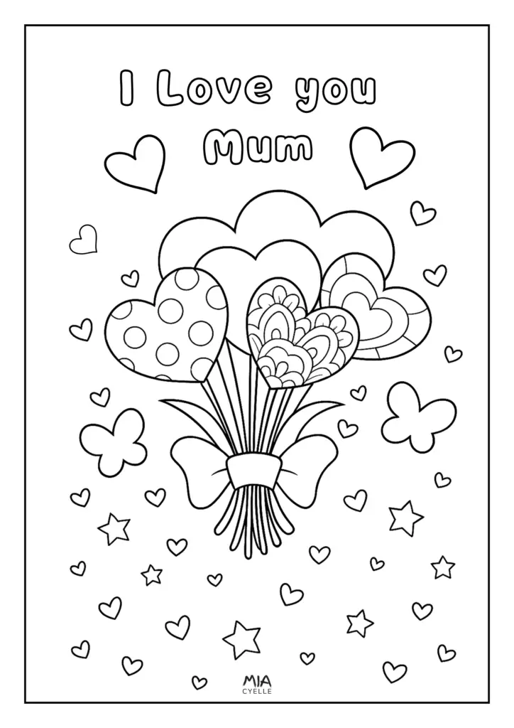 I love you Mum free printable coloring page mother's day heart bouquet