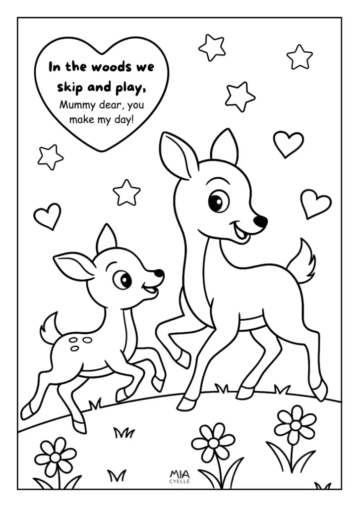 cute Mama and Baby Deer playing in a field of flowers surrounded by hearts and stars