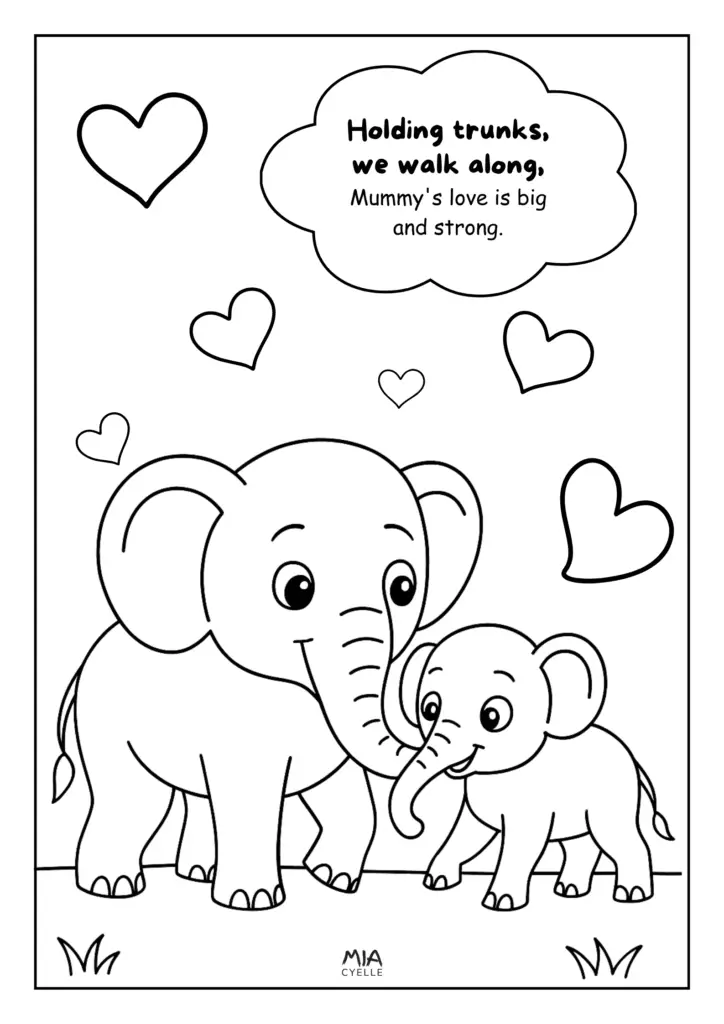 Cute Mama and baby elephant holding trunks surrounded by hearts