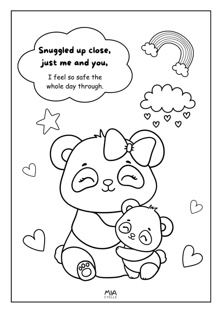 Cute Mama and Baba Panda hugging surrounded by hearts and a rainbow